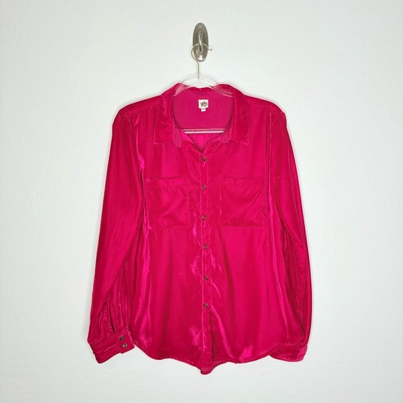 Ivy Jane Crushed Velvet Button Up Blouse Red Pink Long Sleeve Boho Shirt Medium - Picture 1 of 8